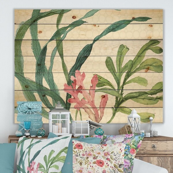 Designart 'Mixed Botanical Green Leaves IIII' Farmhouse Print on Natural Pine Wood - Pink