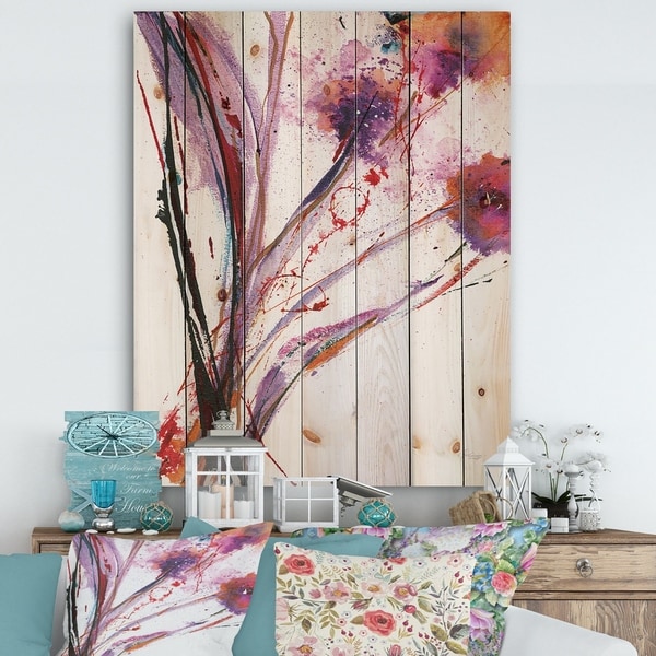 Designart 'Abstract Purple Flowers' Traditional Print on Natural Pine Wood - Multi-color