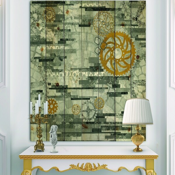 Designart 'Modern Gold Timetable II' Glam Print on Natural Pine Wood - Grey