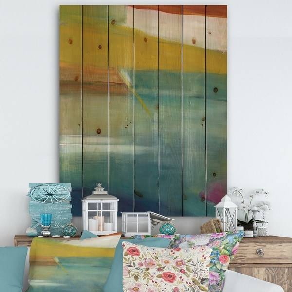 Designart 'Waterpainting Impression of Indigo And Green' Modern & Contemporary Print on Natural Pine Wood - Multi-color