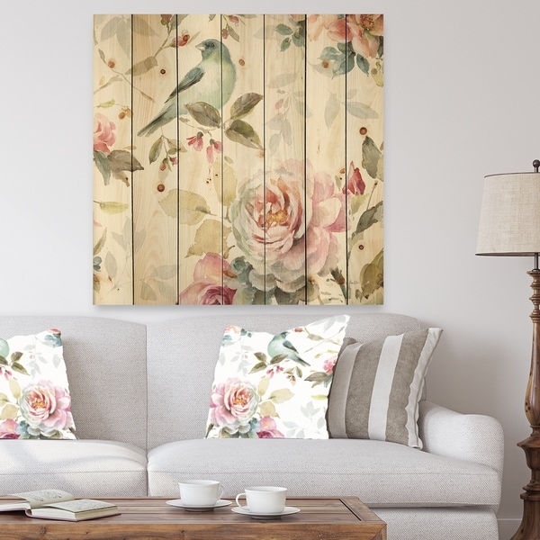 Designart 'Beautiful Bird Romance II' Traditional Print on Natural Pine Wood - Multi-color