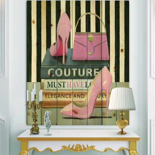 Designart 'Glam fashion High Heels VII' Posh & Luxe Print on Natural Pine Wood - Black/Pink