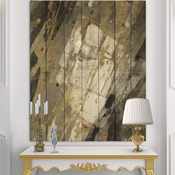 Designart 'Gold, Black and White Hanpainted Abstract' Traditional Print on Natural Pine Wood - Multi-color