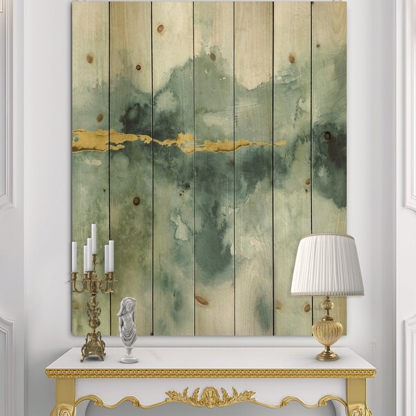 Designart 'Blue Watercolor Impression with Gold' Traditional Print on Natural Pine Wood - Blue/Green