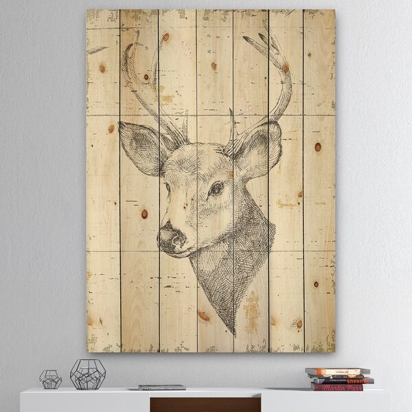 Designart 'Deer Wild and Beautiful II' Wildlife Animal Print on Natural Pine Wood - Grey