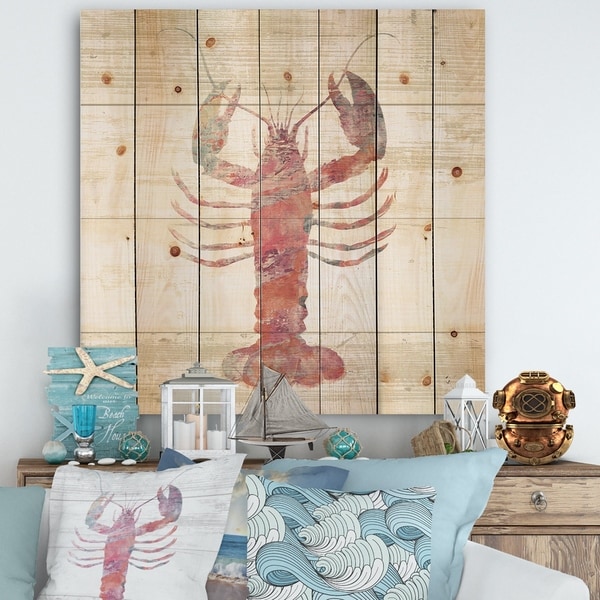 Designart 'Pink lobster Ocean Life' Nautical & Coastal Print on Natural Pine Wood - Grey/Pink