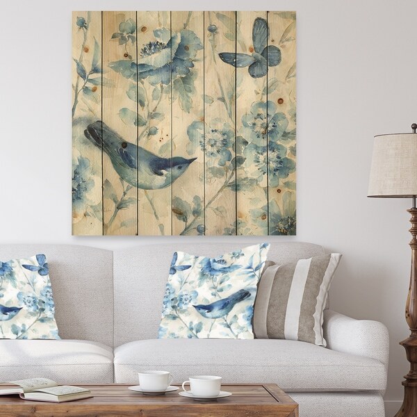 Designart 'Indigold Bird Cottage Family II' Farmhouse Print on Natural Pine Wood - Blue