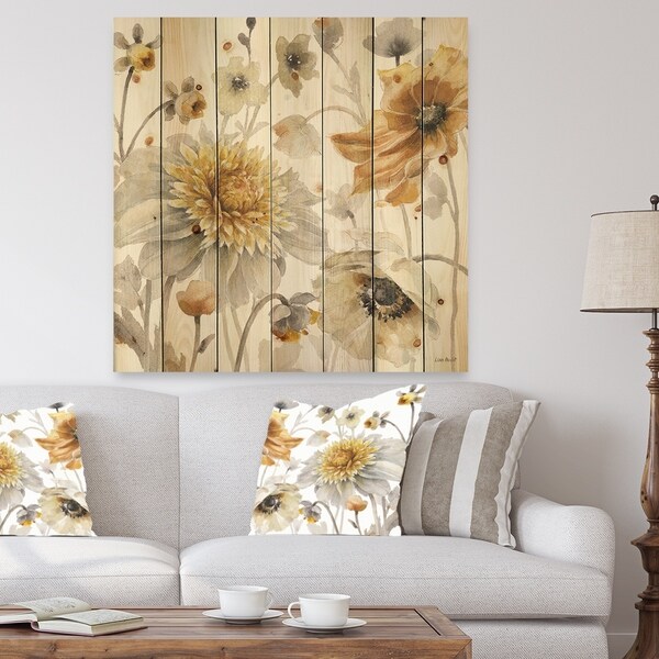 Designart 'Fields of Gold Watercolor Flower VI' Traditional Print on Natural Pine Wood - Grey