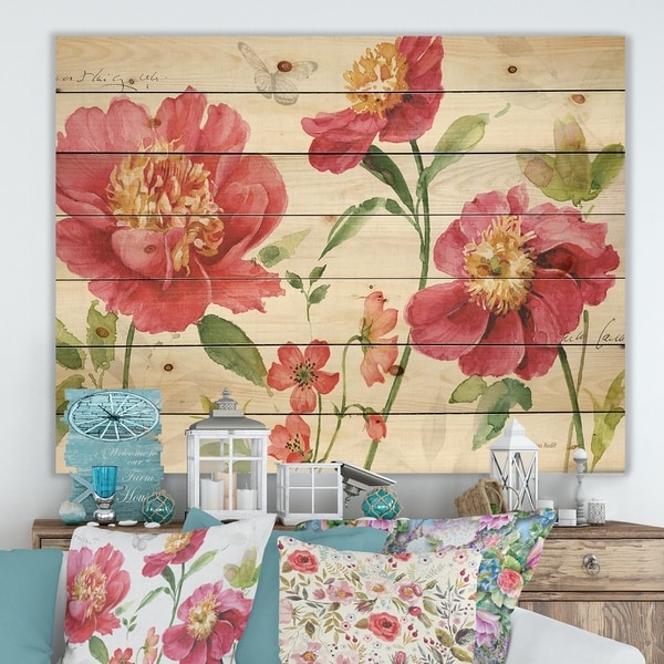 Designart 'Red Springflowers and Butterfly' Cabin & Lodge Print on Natural Pine Wood - Green/Pink