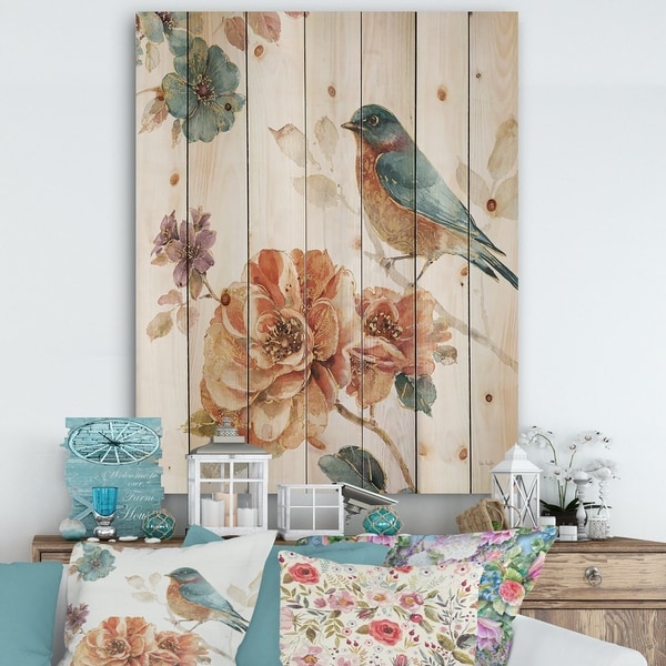 Designart 'Cottage Bird on Orange Flower Twig' Traditional Print on Natural Pine Wood - Multi-color