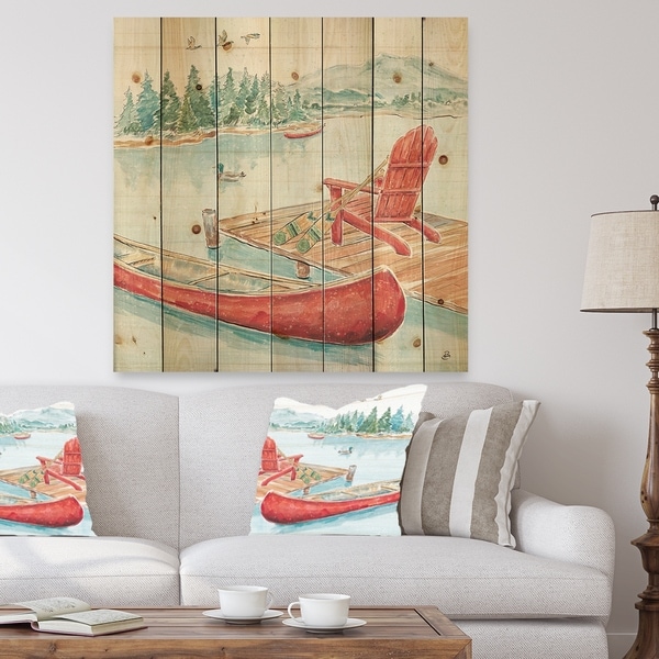 Designart 'Lake Moments IV' Lake House Print on Natural Pine Wood - Green/Pink