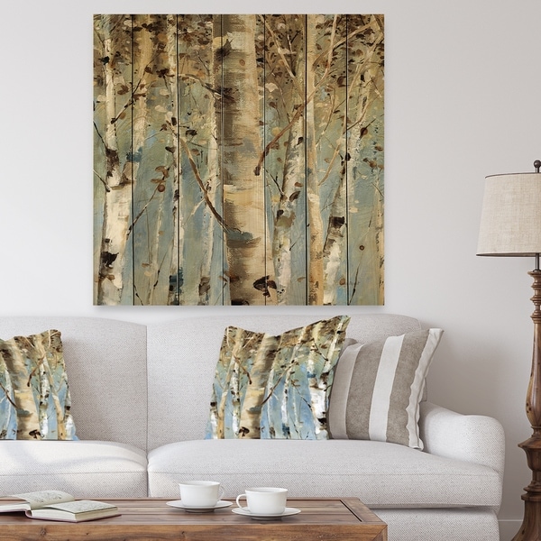 Designart 'White Birch Forest II' Modern Farmhouse Print on Natural Pine Wood - Blue
