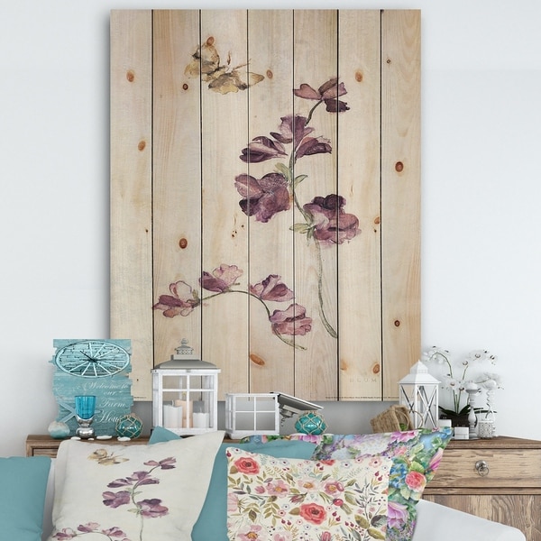 Designart 'Wild Simple Wallflowers IV' Farmhouse Print on Natural Pine Wood - Purple