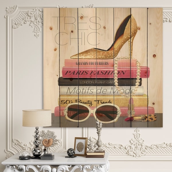 Designart 'Paris Style II Gold and Black Tres Chic' Posh & Luxe Print on Natural Pine Wood - Pink