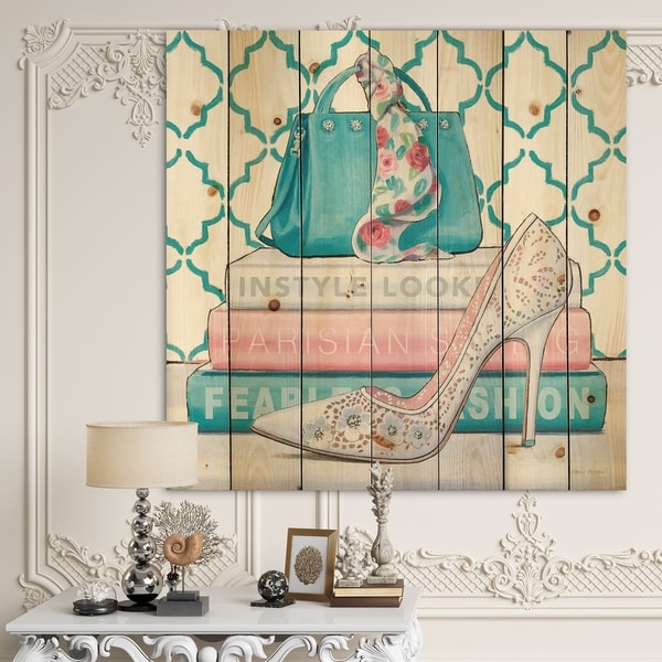 Designart 'Pink Fashion high heels IV' Posh & Luxe Print on Natural Pine Wood - Blue/Pink