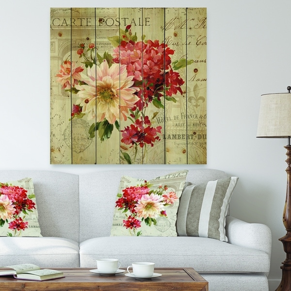 Designart 'Red Painted Flowers on Vintage Postcard III' Farmhouse Print on Natural Pine Wood - Pink/Red