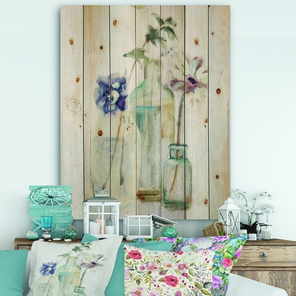 Designart 'Blossoms on Birch Cottage Bouquet III' Farmhouse Print on Natural Pine Wood - Blue/Purple