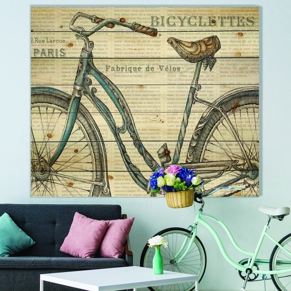 Designart 'Paris France Bicycles II' French Country Print on Natural Pine Wood - Grey