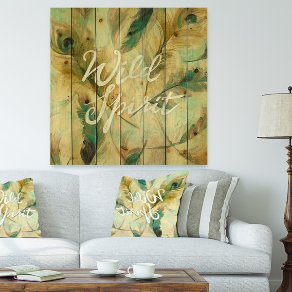 Designart 'Wild Spirit Blue And Cream Cottage Feathers' Farmhouse Print on Natural Pine Wood - Grey