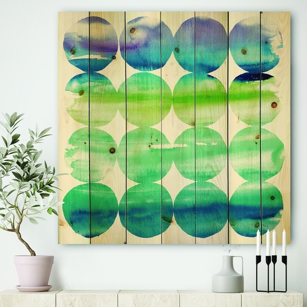 Designart 'Circle Abstract Blue Colorfields I' Modern & Transitional Print on Natural Pine Wood - Green