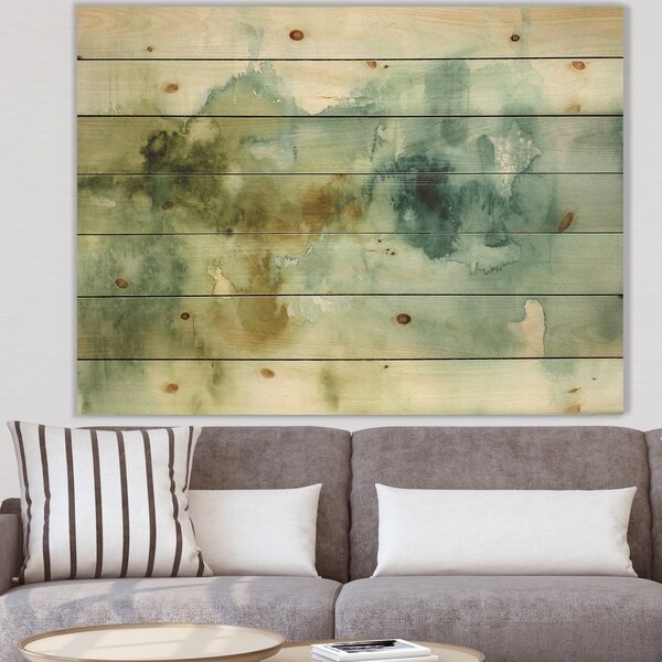 Designart 'Abstract Watercolor Green House' Modern & Contemporary Print on Natural Pine Wood - Blue