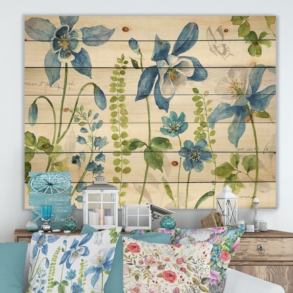 Designart 'Bluebell and Columbine Wild Flowers with Butterfly' Cabin & Lodge Print on Natural Pine Wood - Blue/Green