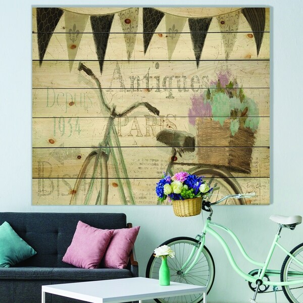 Designart 'French Bicycle Flea Market II' Vintage Transportation Print on Natural Pine Wood - Grey/Black