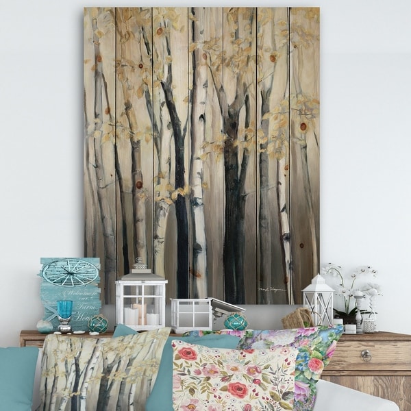 Designart 'Golden Birch Forest III' Farmhouse Print on Natural Pine Wood - Grey
