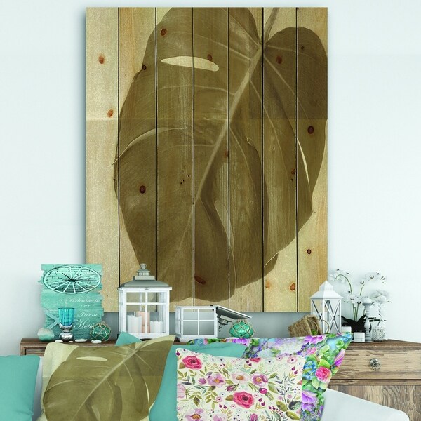 Designart 'Botanical Beige Retro Leaf' Lake House Print on Natural Pine Wood - Brown