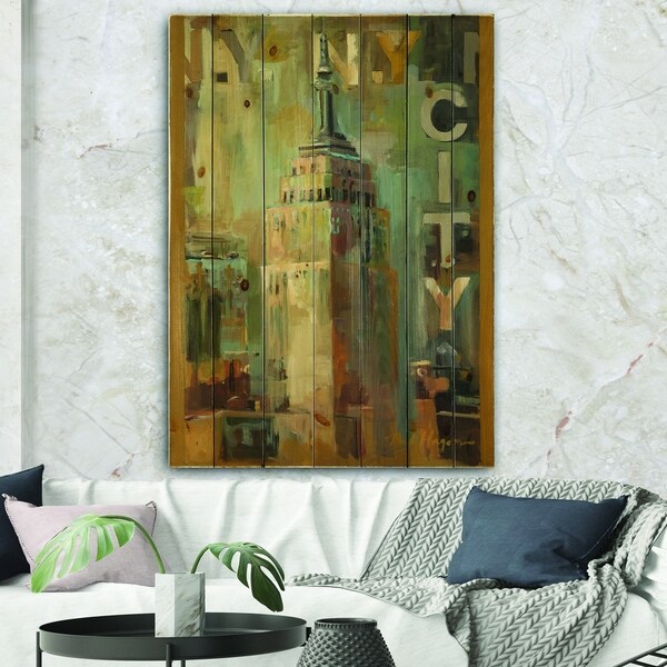 Designart 'Gold Vintage Empire State Building I' Vintage Architecture Print on Natural Pine Wood - Grey