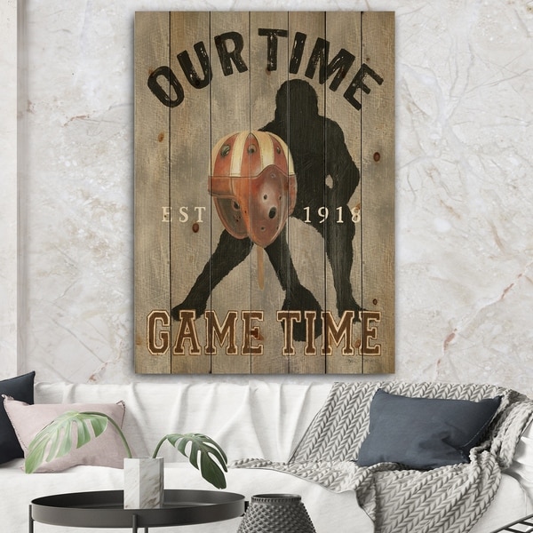 Designart 'football Game Day I' Vintage Sport Print on Natural Pine Wood - Black/Orange