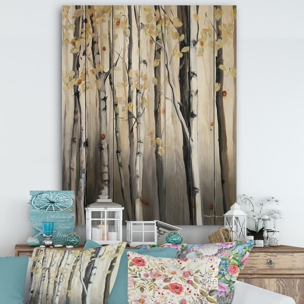Designart 'Golden Birch Forest IV' Cabin & Lodge Print on Natural Pine Wood - Grey