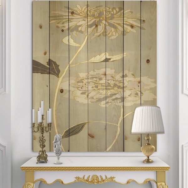 Designart 'Gold Metallic Floral Garden II' Modern Glam Print on Natural Pine Wood - Grey