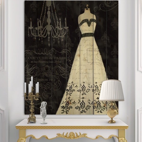 Designart 'French Couture II' Fashion Print on Natural Pine Wood - Black/White