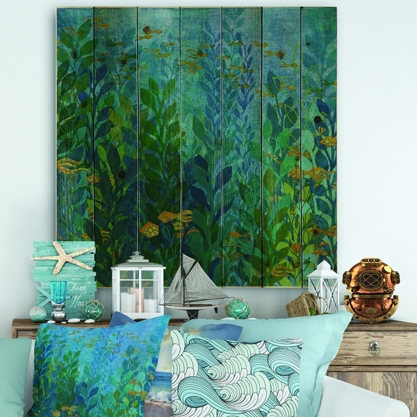 Designart 'Blue Underwater Lake leaves II' Nautical & Coastal Print on Natural Pine Wood - Blue/Green