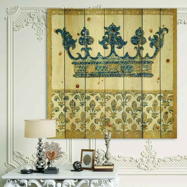 Designart 'Fleur de Lis Gold Crown' Ornate Glam Print on Natural Pine Wood - Blue