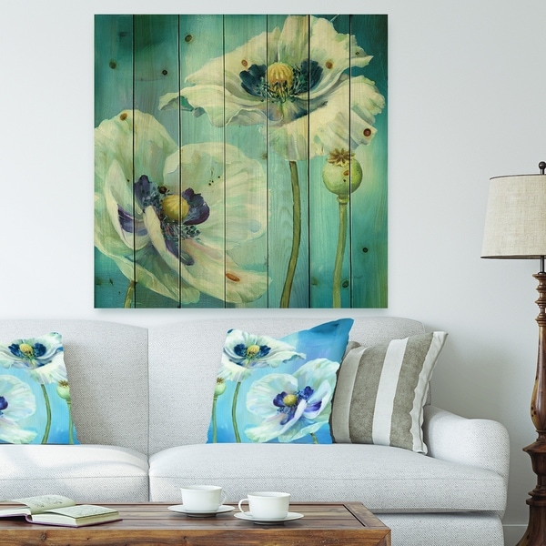 Designart 'White Flower on Blue I' Farmhouse Print on Natural Pine Wood - White