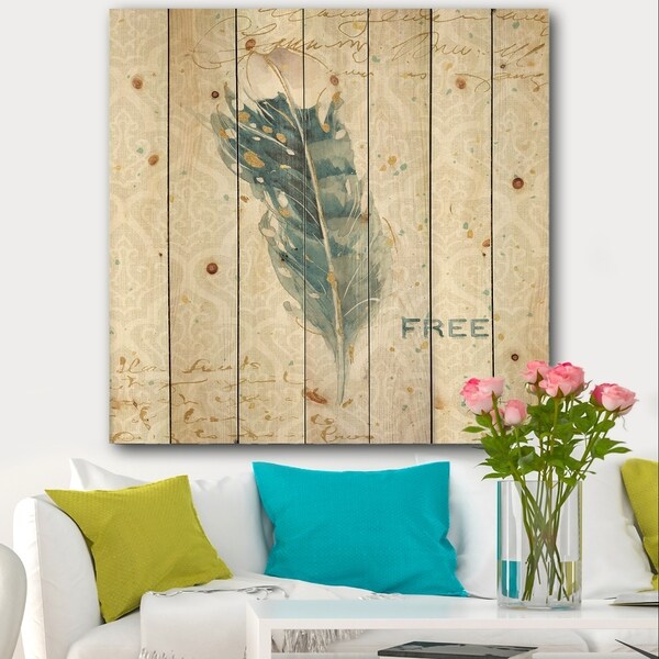 Designart 'Damask Painted Gilded Feather on Blue' Nautical & Coastal Print on Natural Pine Wood - Blue