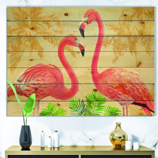 Designart 'Gold Glam Flamingos' Animals Print on Natural Pine Wood - Pink