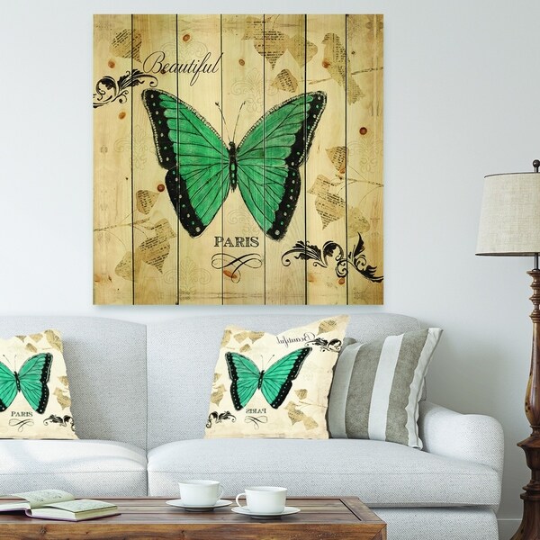 Designart 'Blue Farmhouse Butterfly' Farmhouse Print on Natural Pine Wood - Blue