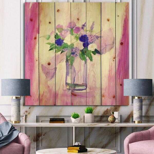 Designart 'Pink Flower Still Life' Shabby Chic Print on Natural Pine Wood - Pink/Purple
