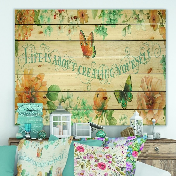 Designart 'Butterfly Bloom lovely Quote' Farmhouse Print on Natural Pine Wood - Blue