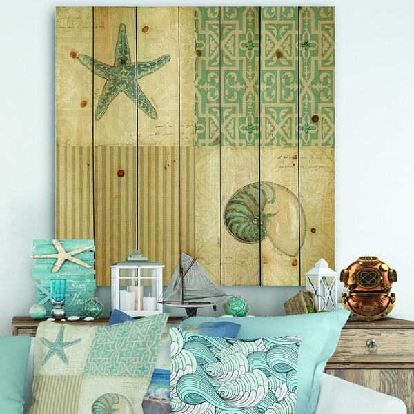 Designart 'Beach Treasures Collage II' Traditional Bathroom Print on Natural Pine Wood - Blue