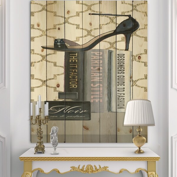 Designart 'Glam fashion High Heels IX' Fashion Print on Natural Pine Wood - Black