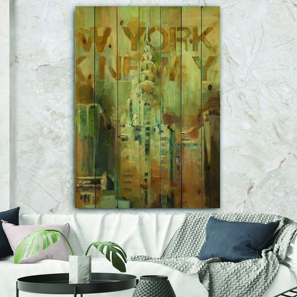 Designart 'Gold Vintage Empire State Building II' Vintage Architecture Print on Natural Pine Wood - Grey