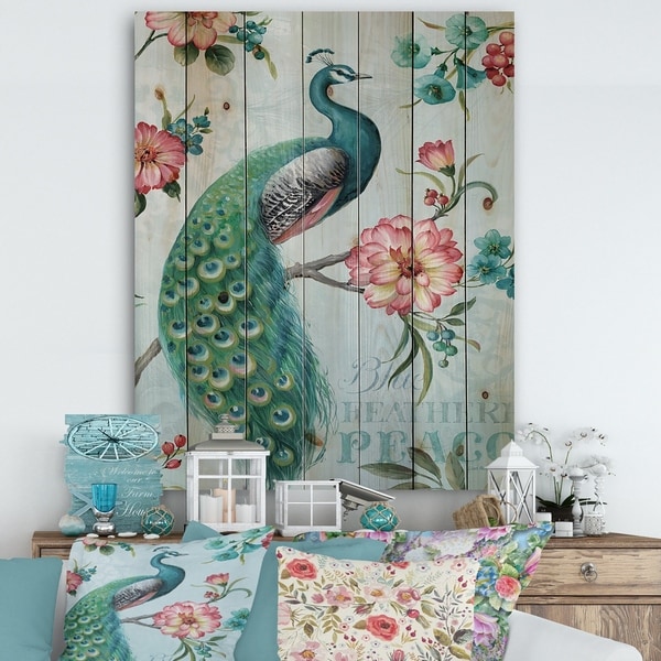 Designart 'Peacock ' Floral and botanical Print on Natural Pine Wood - Blue/Green