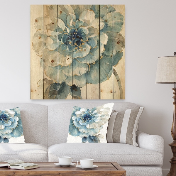 Designart 'Indigold Gold Country FLower' Cottage Country Print on Natural Pine Wood - Blue