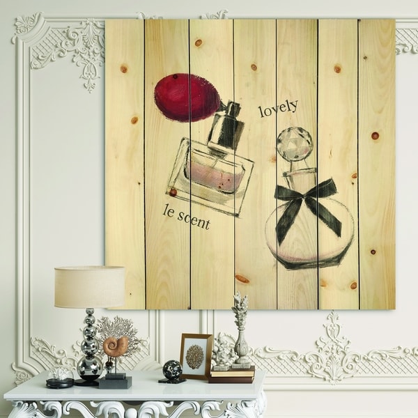 Designart 'Lovely Glamorous Parfum ' Traditional Bathroom Print on Natural Pine Wood - Red