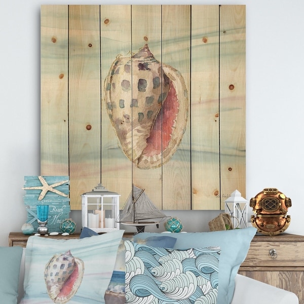 Designart 'Gilded Sea Horn Shell on Blue' Nautical & Coastal Print on Natural Pine Wood - Blue