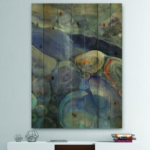 Designart 'Into the Indigo Stream II' Abstract Print on Natural Pine Wood - Grey/Blue